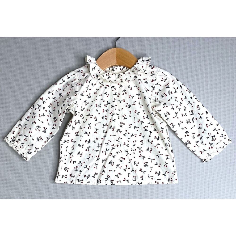 Bonpoint Girls 12 Mo (~6 Mo) Cherry Print Ruffle Collar Long Sleeve Blouse